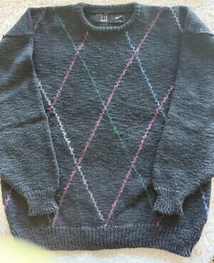 Vintage Dunhill Argyle Wool Silk Sweater Large, Charcoal Gray Crewneck- Ireland